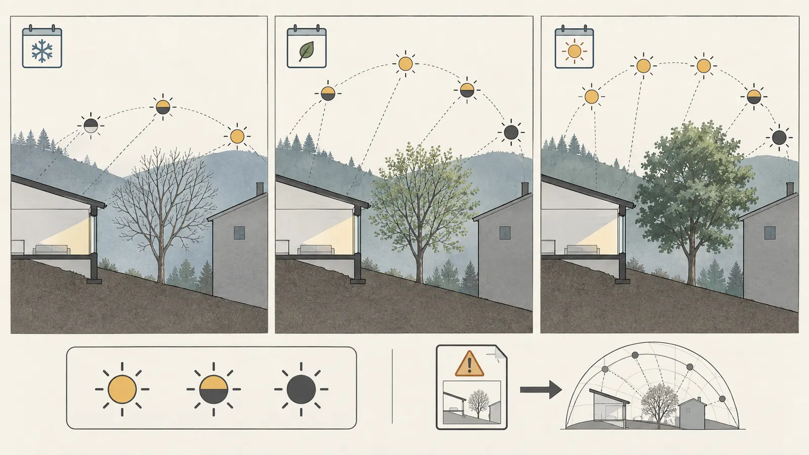 Seasonal solar observation diagram comparing winter, shoulder-season and summer obstructions around a proposed aperture zone