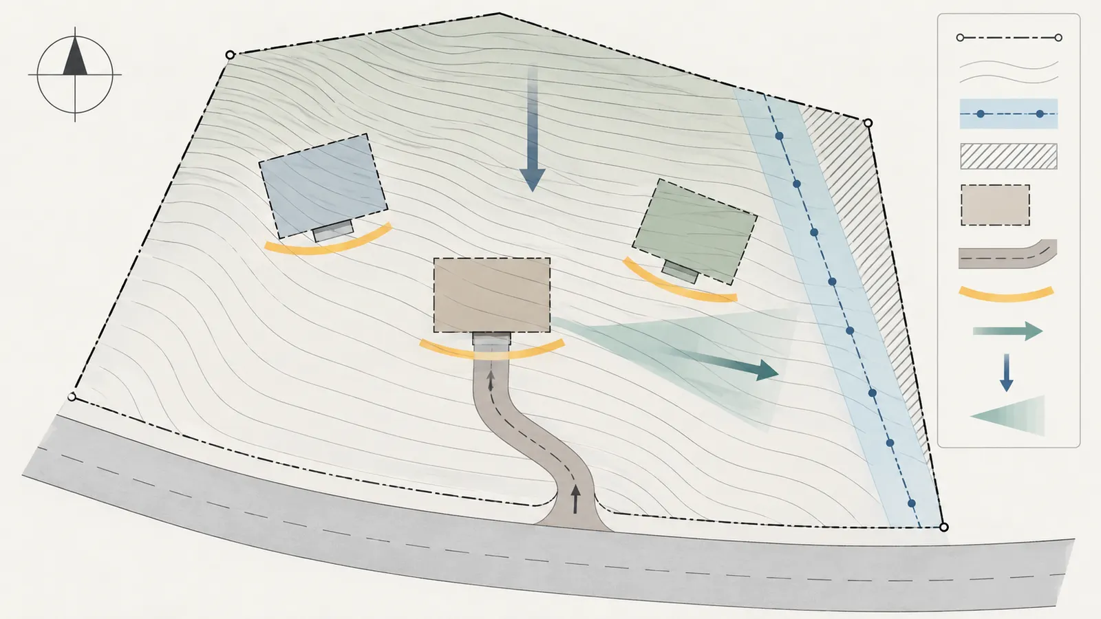 Annotated sloped-lot plan showing true north, contours, candidate footprint, solar-facing facade, access and utility corridors