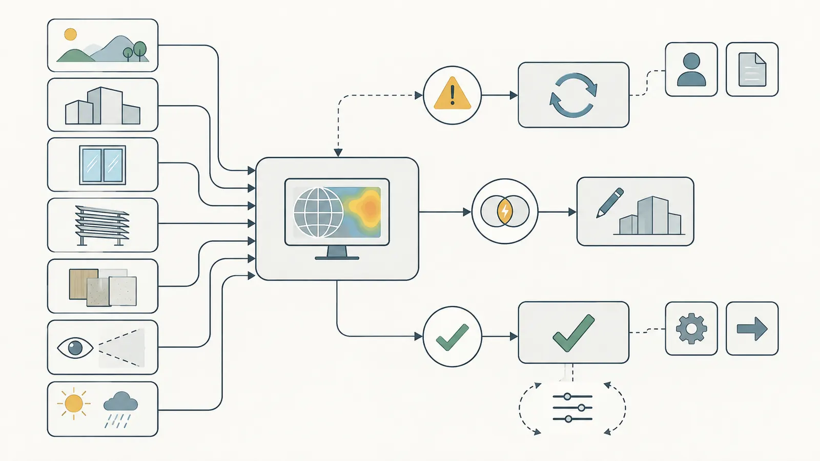 Decision map branching from verified inputs and sensitivity results to accept, rerun or redesign
