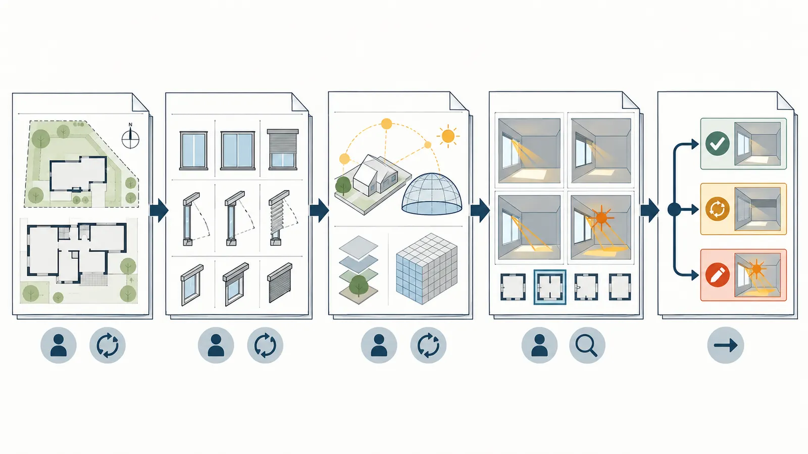 Diagram linking issued plans, window schedule, model assumptions, room outputs and the design-freeze handoff