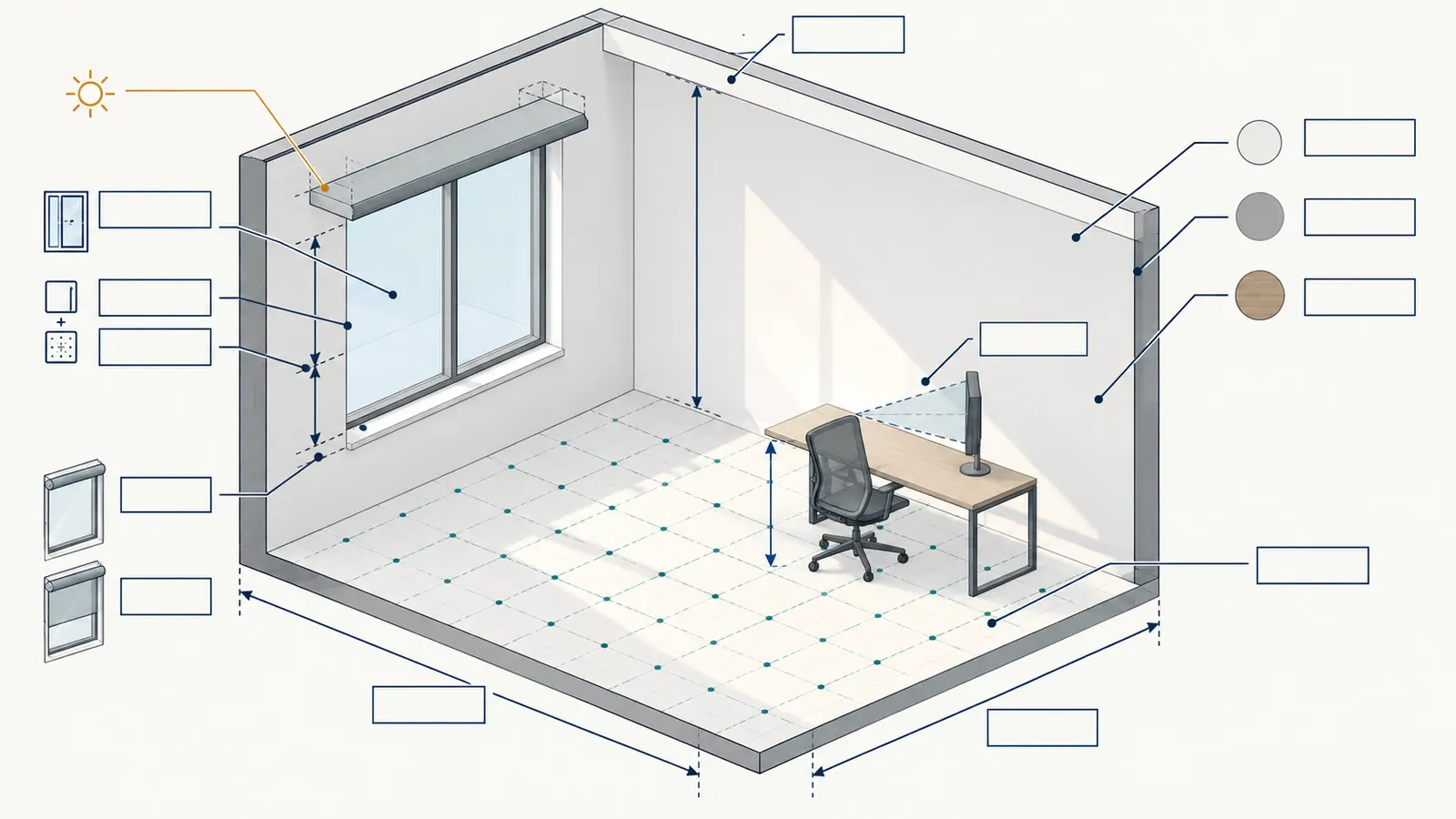 Room cutaway labeling geometry, window properties, shade states, finishes, viewpoints and analysis grid