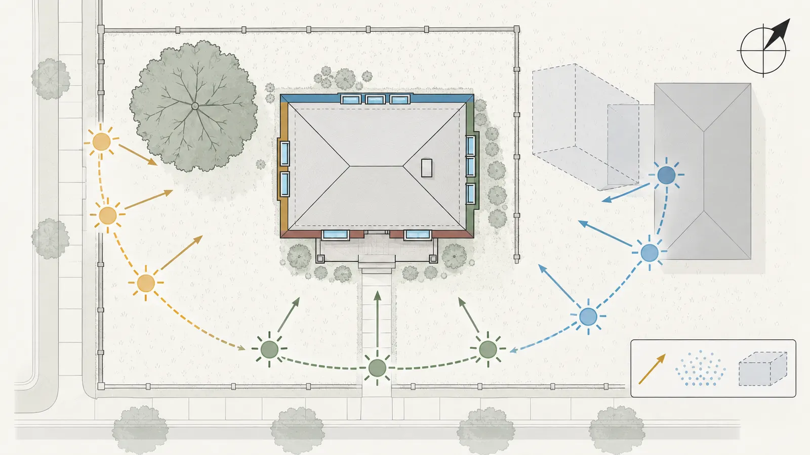 Top-down site diagram showing true north, window orientations, neighboring obstructions and seasonal sun paths
