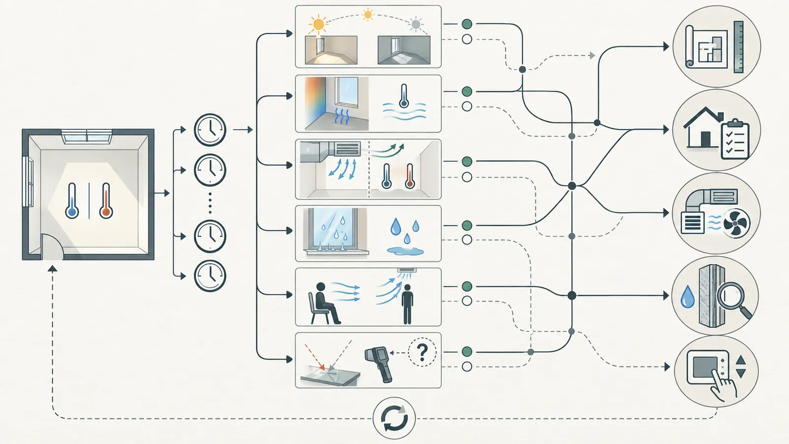 Decision map routing repeated room-comfort patterns to solar design, enclosure, HVAC, moisture, or use review