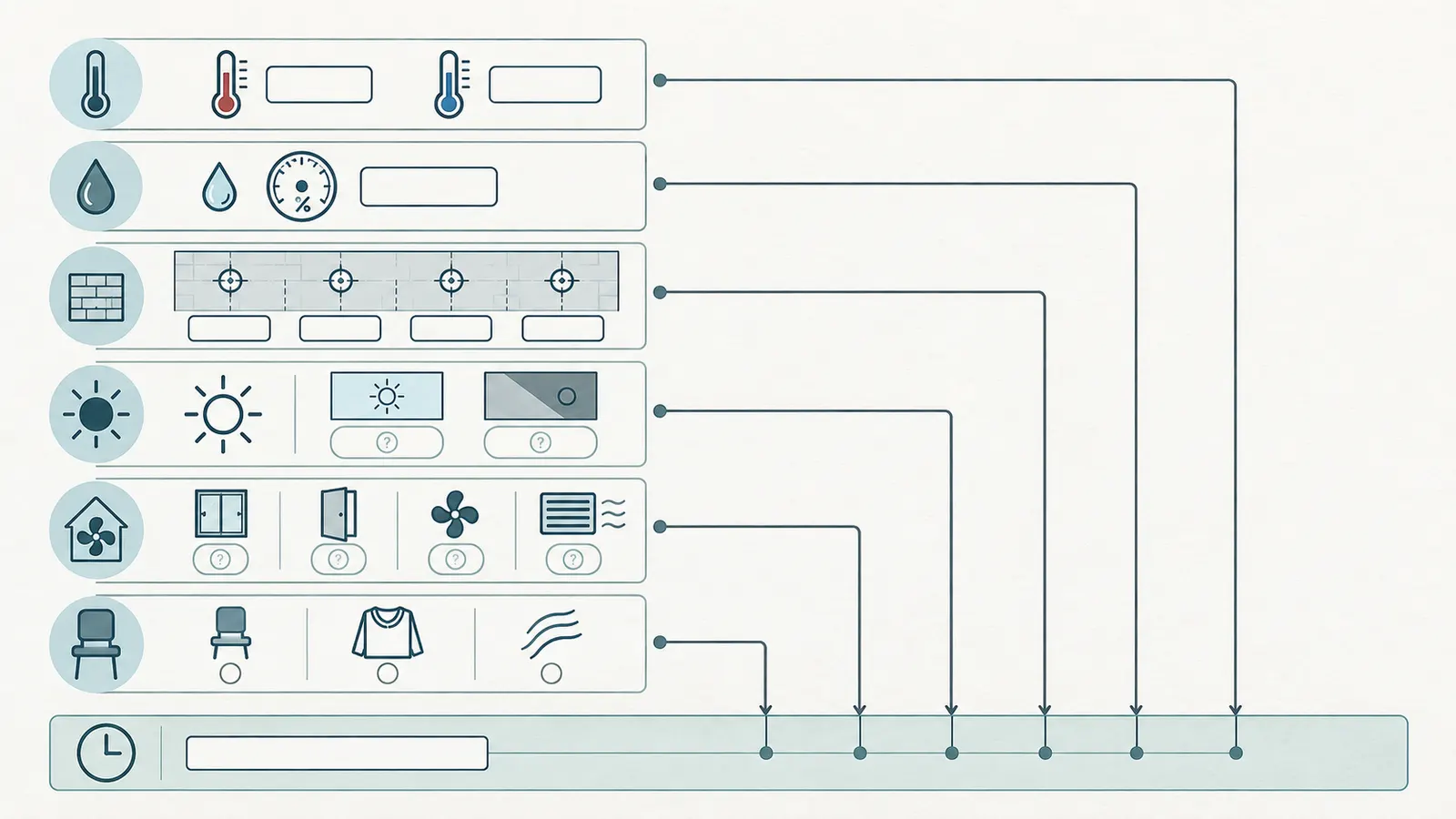 Comparison layout of a comfort log's air, surface, solar, HVAC, moisture, and occupant-use evidence layers