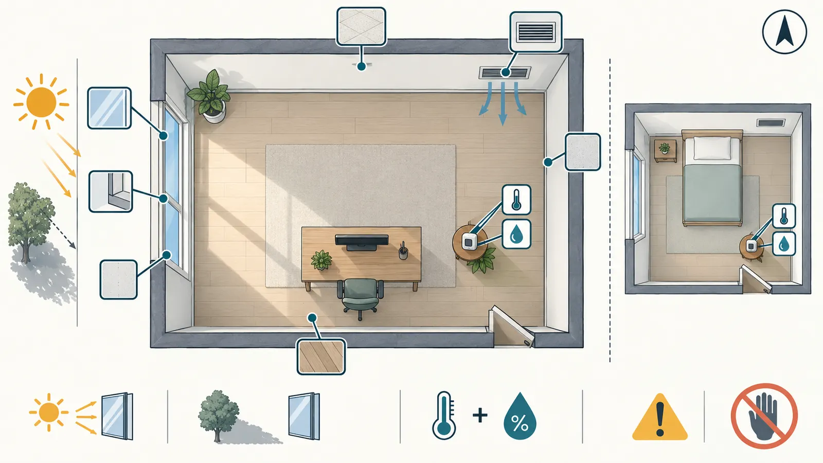 Room observation map showing an occupant position, window, logger, reference points, shade state, and safe surface-temperature locations