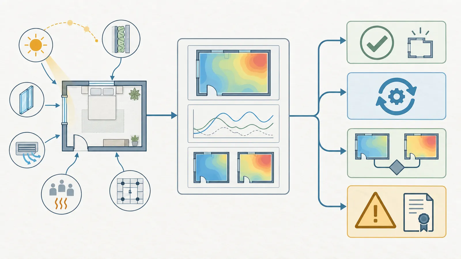 Decision map showing four outcomes for a new-home comfort-model review before design freeze
