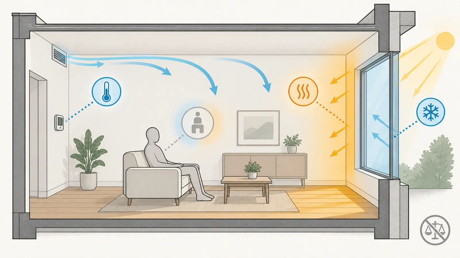 Room cutaway contrasting air temperature with cool window and warm sunlit surfaces