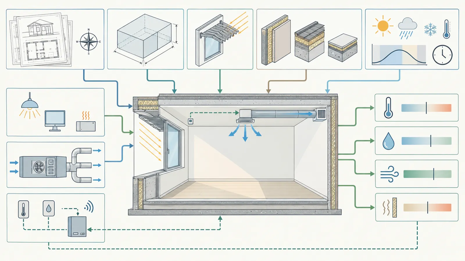 Room-by-room audit diagram linking drawings, weather, envelope, glazing, occupancy, HVAC, and controls