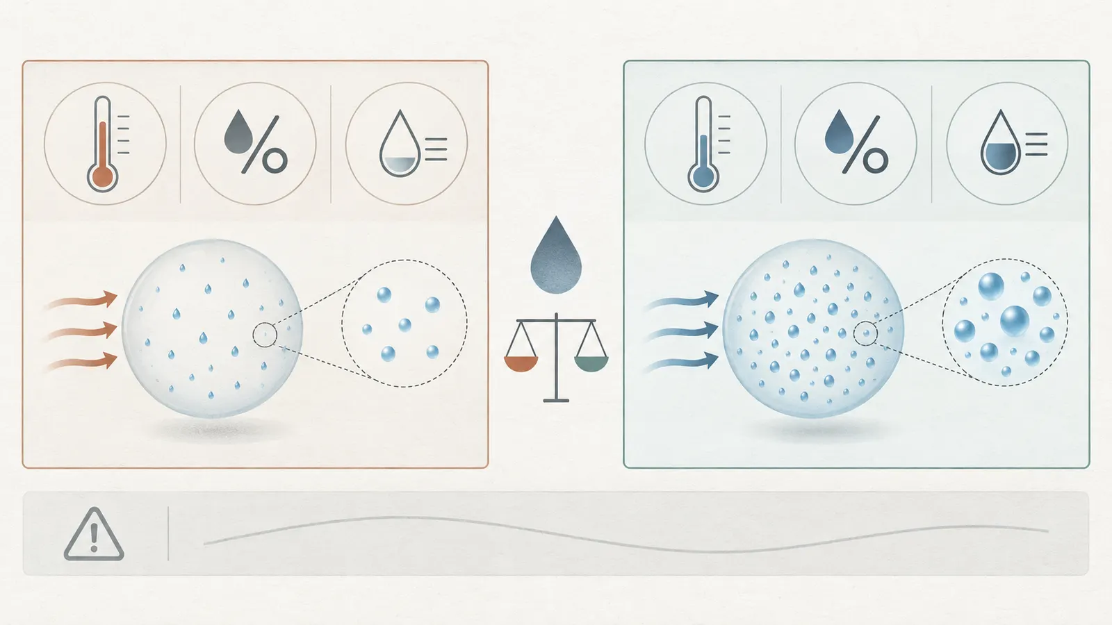 Side-by-side illustrative comparison of dry-bulb temperature, relative humidity and dew point