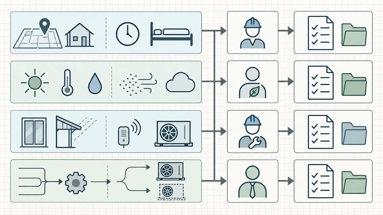 Worksheet diagram linking project, weather, building and household inputs to owners and verification records