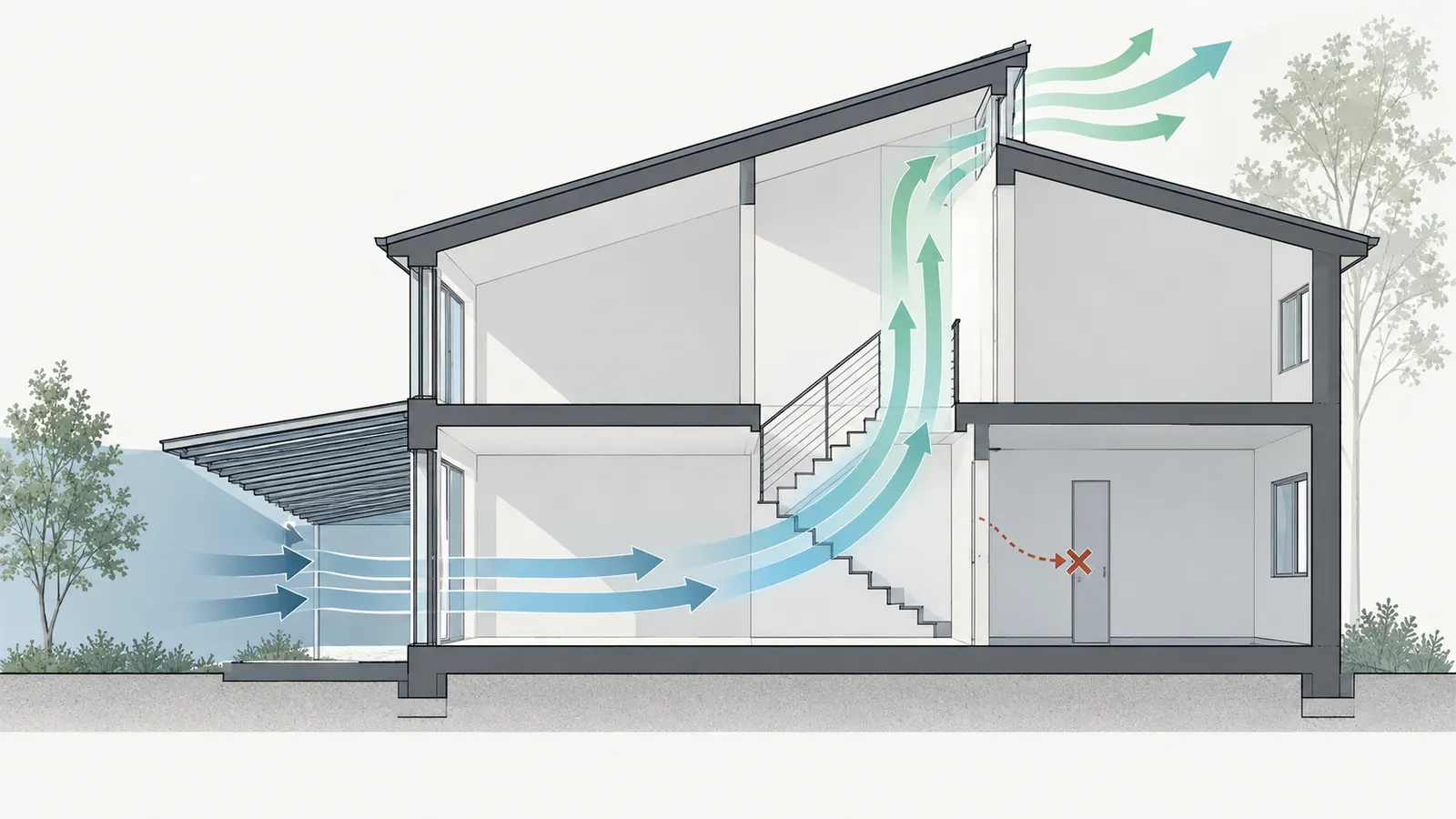 Cutaway section tracing outdoor air from lower inlet through living space and stair to upper outlet