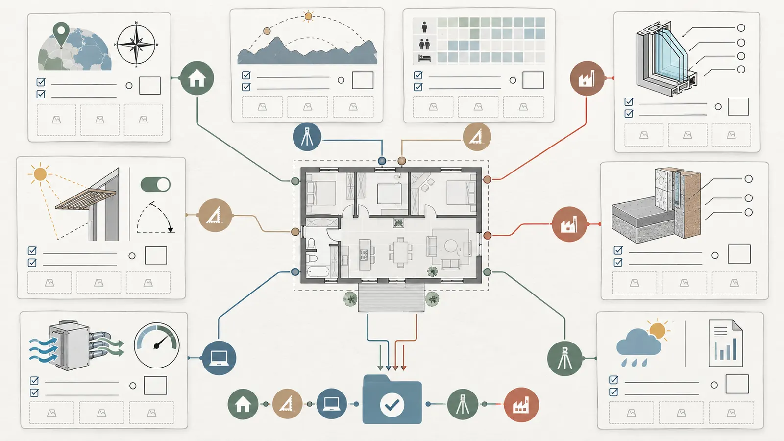 Annotated verification packet showing inputs, responsible people, units, records and handoffs for passive design