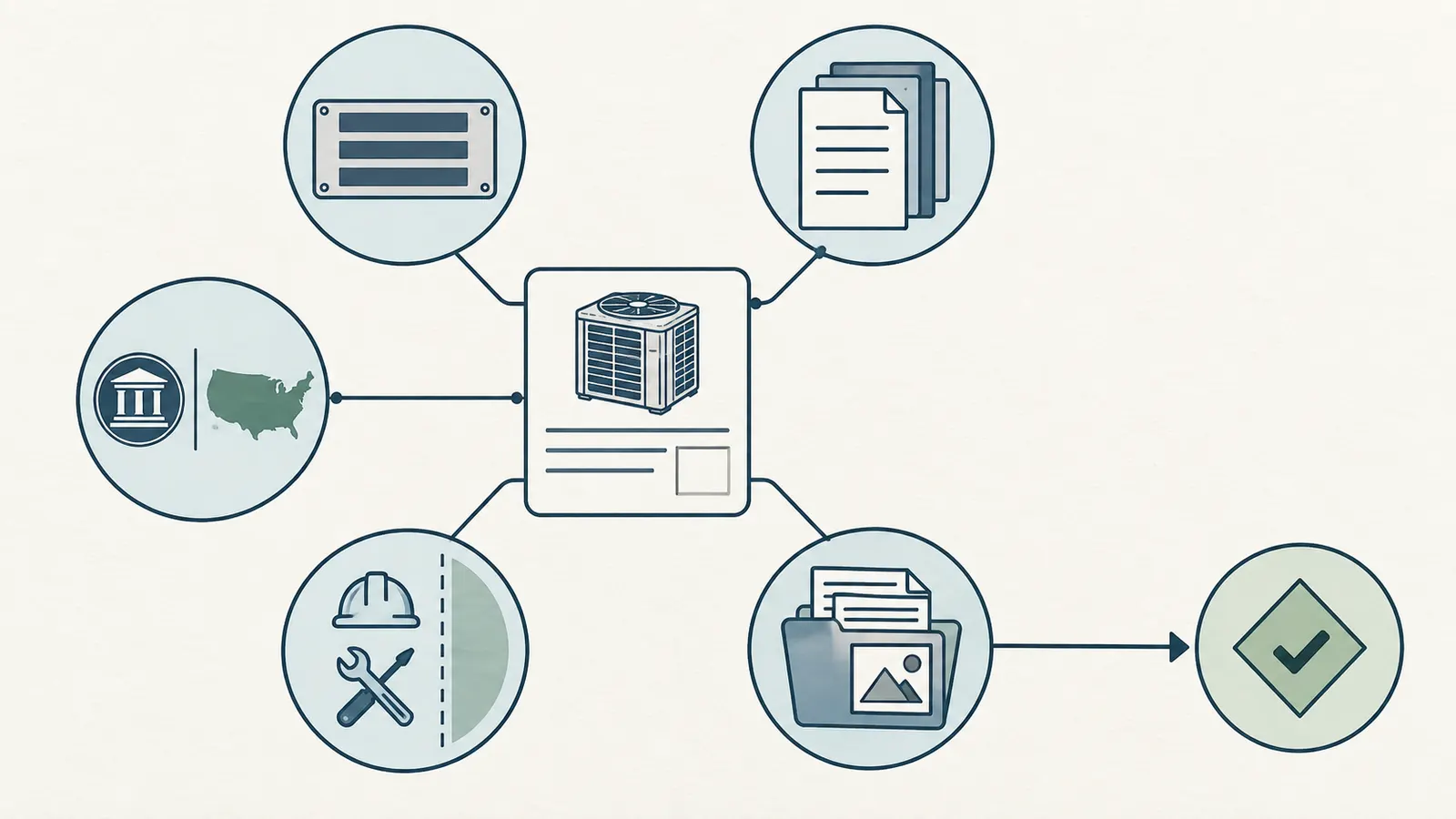 Diagram showing a new-home handover packet branching into equipment identity, source, responsibility, evidence, and next decision.