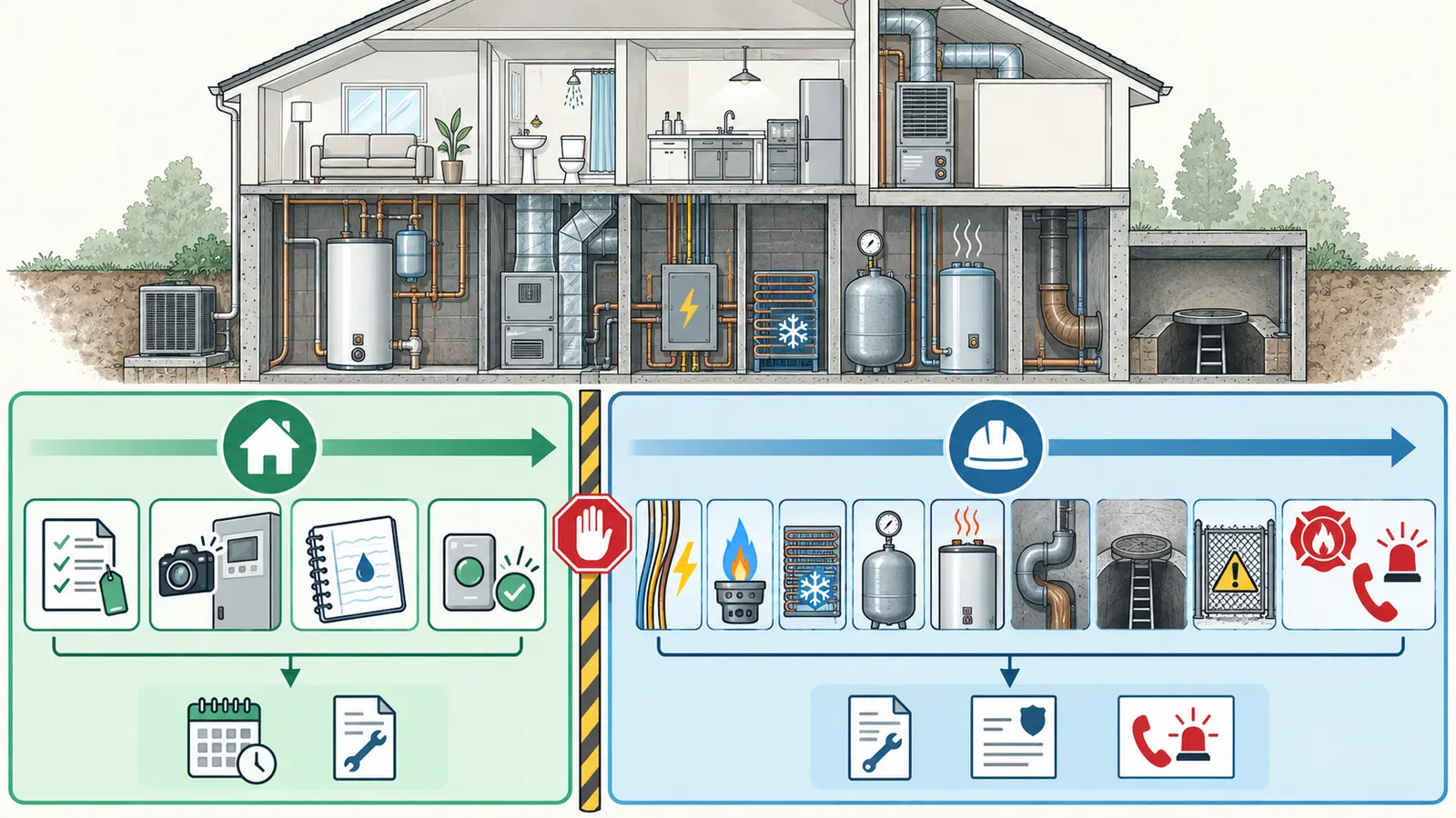 Home systems handoff map separating owner-safe observations from qualified HVAC, plumbing, electrical, fire-authority, and emergency routes.