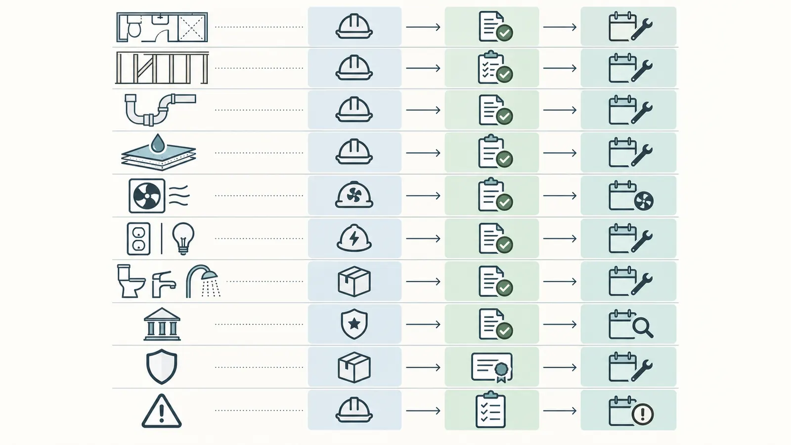 Handover comparison linking bathroom scope items to responsible records and verification evidence
