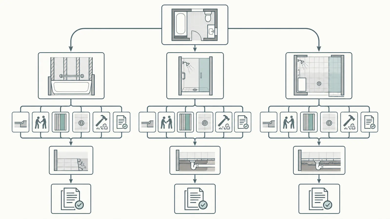 Decision map comparing reinforcement, tub-to-shower conversion, and larger no-threshold remodel paths