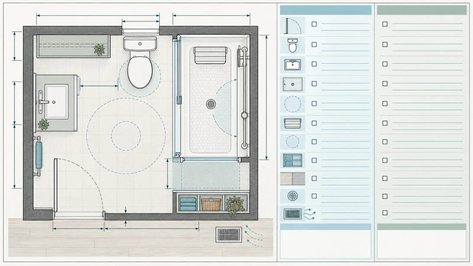 Measured bathroom worksheet showing users, helper position, entry, controls, floor, drain, and ventilation inputs