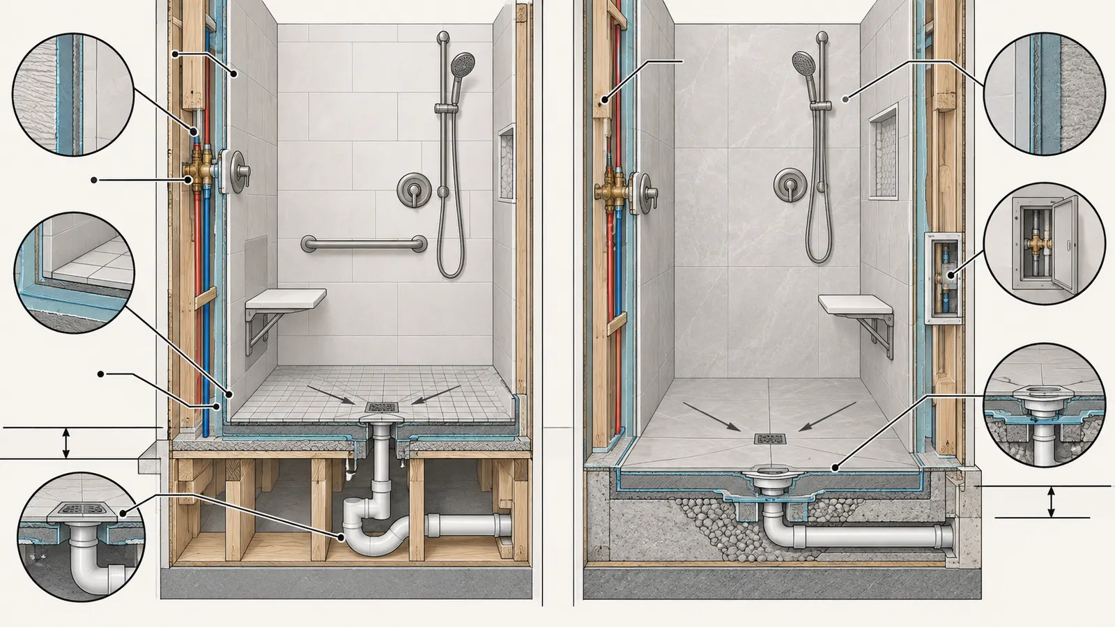 Bathroom wet-area cutaway showing finished floor, slope, drain, waterproofing, backing, valve, and access layers