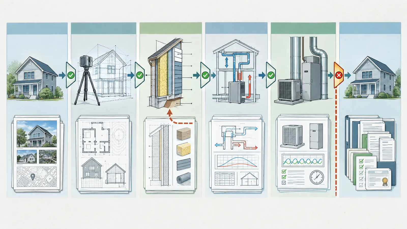 Handoff chain from homeowner records to investigation, envelope work, HVAC design, installation, and closeout.