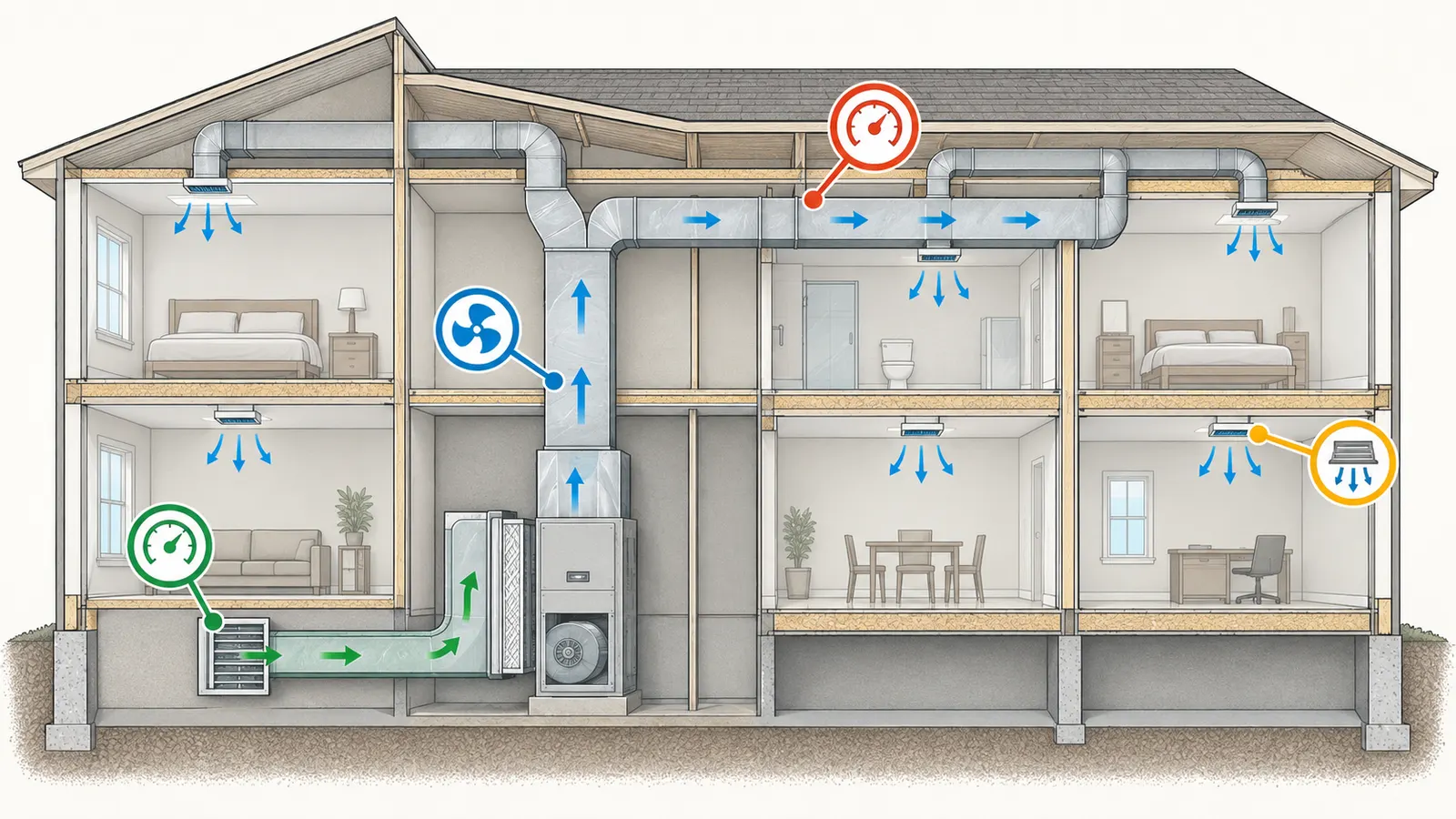 Cutaway HVAC airflow and pressure map showing return, air handler, supply path and qualified test locations.