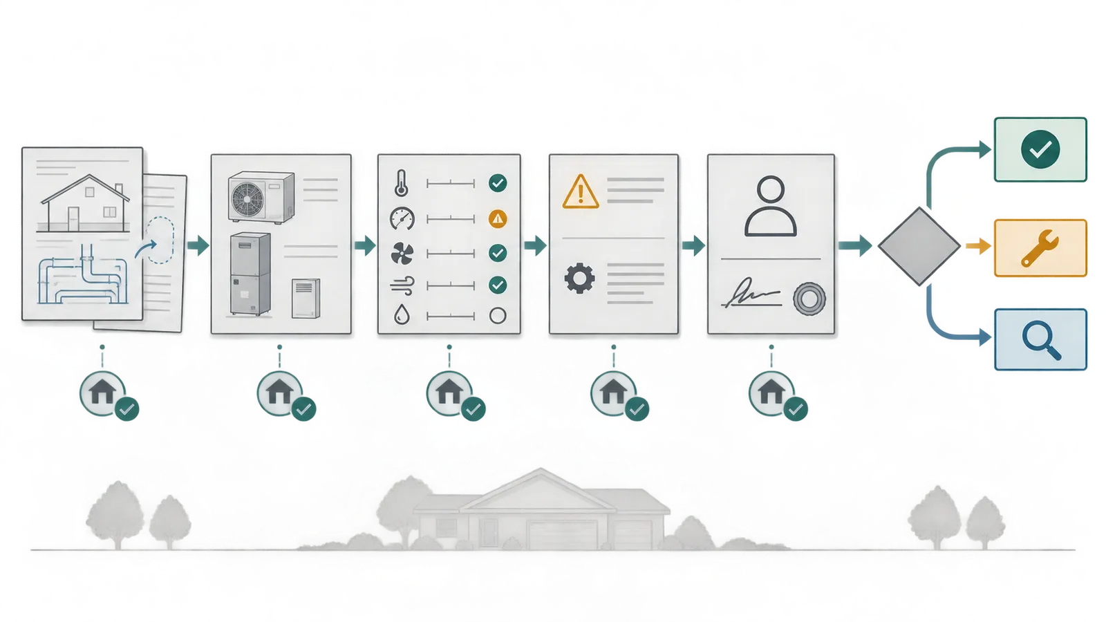 Diagram linking the final HVAC design report to field tests, exceptions, responsible people and the move-in decision.
