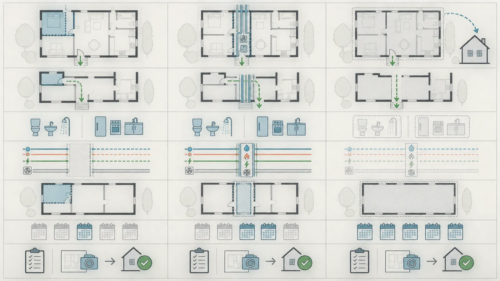Comparison of room-by-room, system-first, and temporary-relocation renovation phasing against household constraints and release evidence.