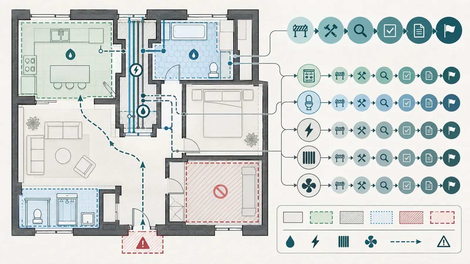 Renovation scope map linking a temporary kitchen, electrical work, bathroom plumbing, inspection gates, tests, and homeowner acceptance.