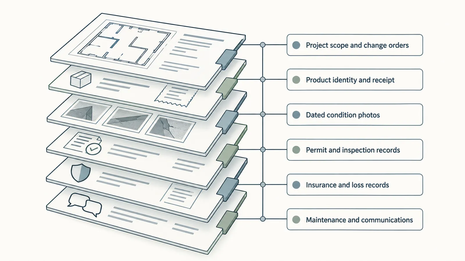 Layered evidence packet for routing a renovation warranty problem