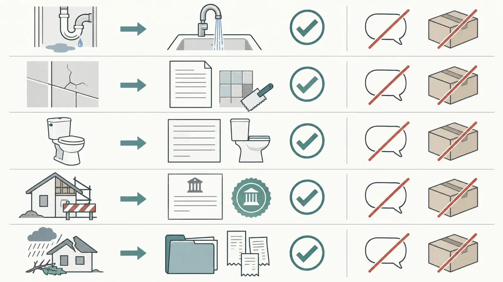 Verification comparison for leak, finish, fixture, permit, and insurance outcomes