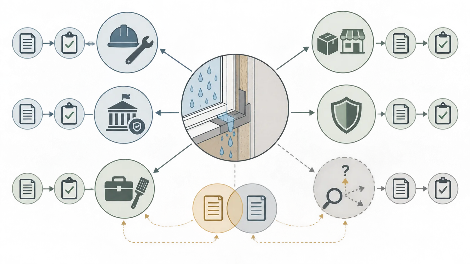 Decision map routing a renovation symptom among five responsibility paths