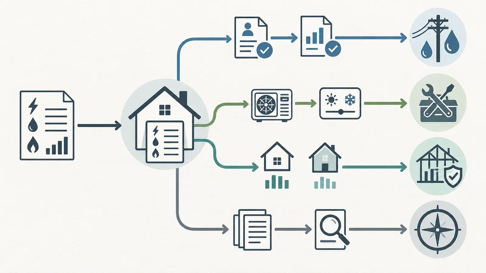 Evidence branches route a high utility bill to the utility, installer, builder, or assessor