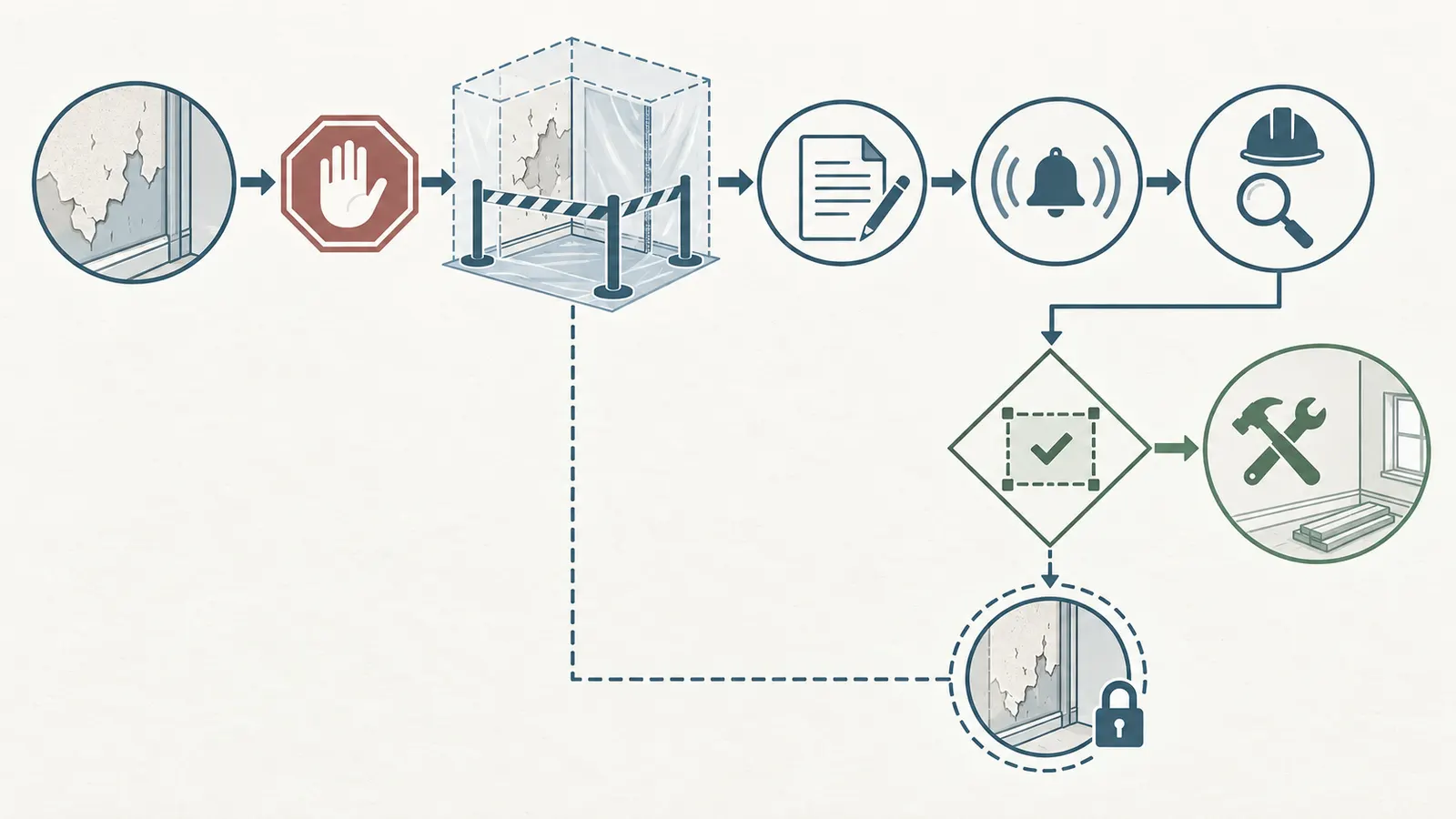 Decision map from suspect material discovery to a controlled work boundary and written hold