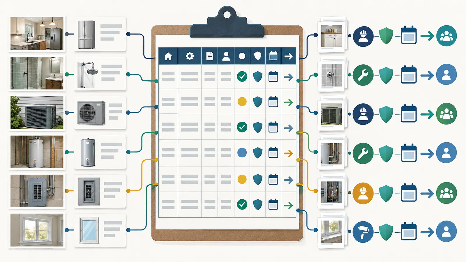 Illustrated closeout ledger connecting each room or system item to evidence, owner, status, warranty route, and next handoff.