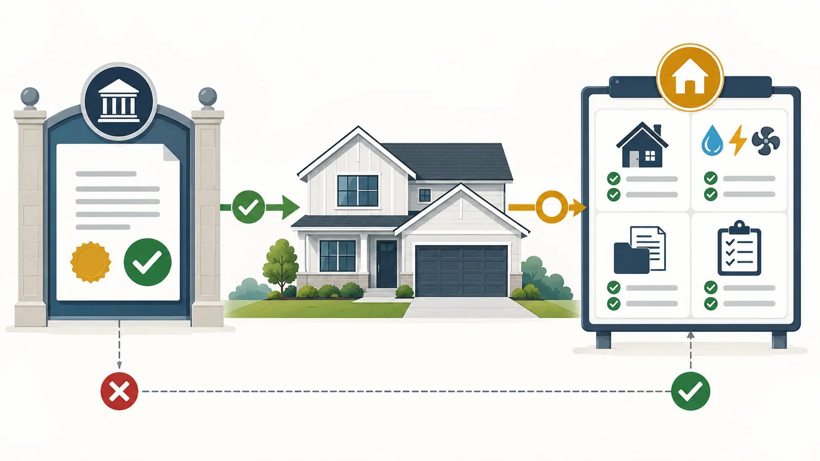 Illustrated two-gate handover concept separating authority occupancy evidence from practical home closeout readiness.