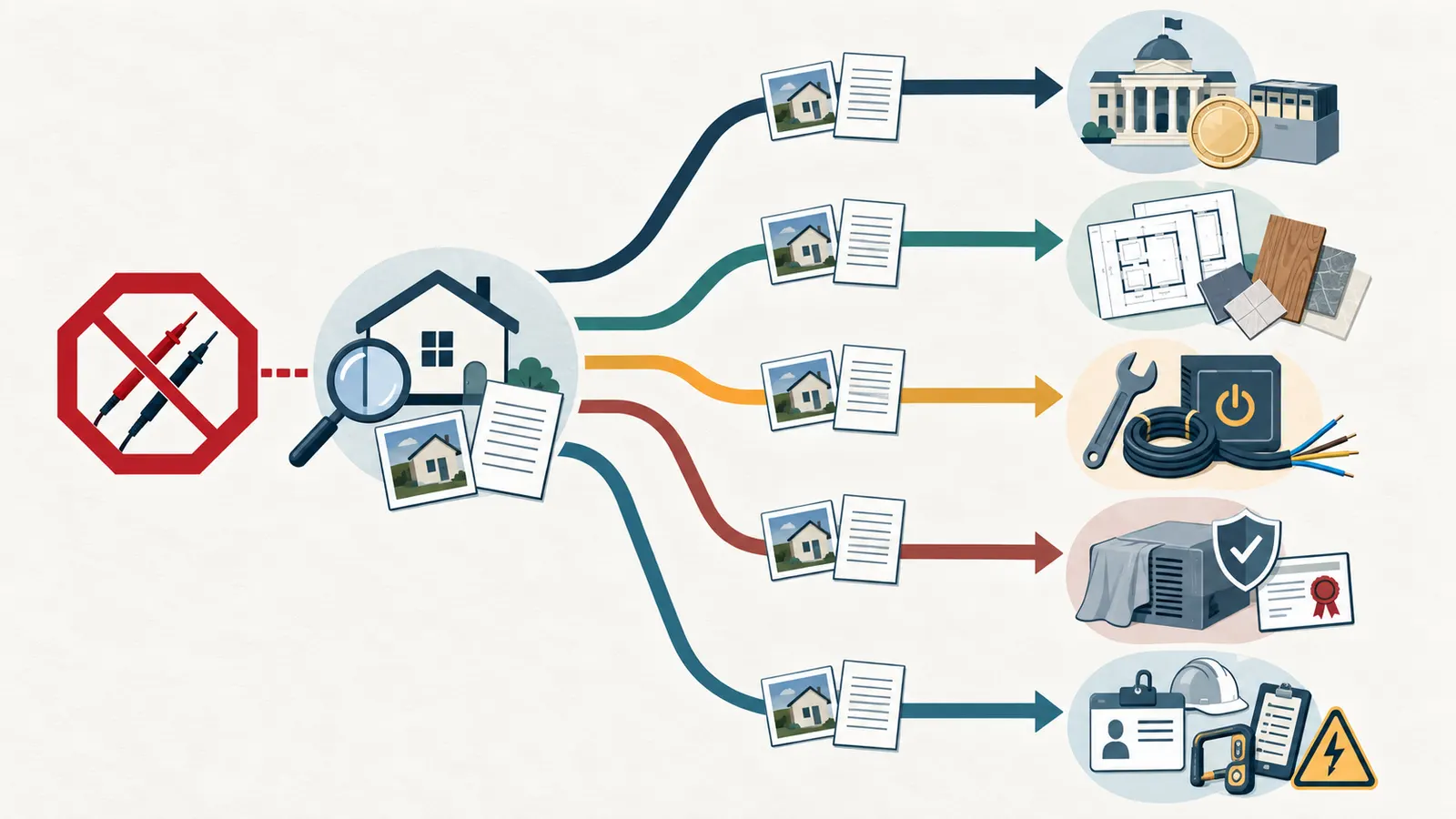 Illustrated routing tree sending a documented home issue to an authority, builder, trade, manufacturer, or qualified professional.