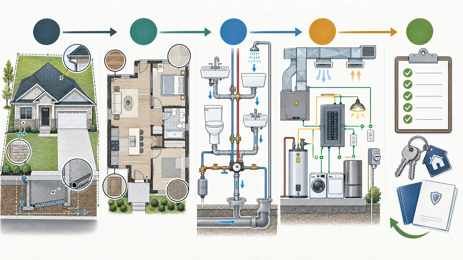 Illustrated five-stage walkthrough route from site and exterior checks through rooms, systems, and final read-back.