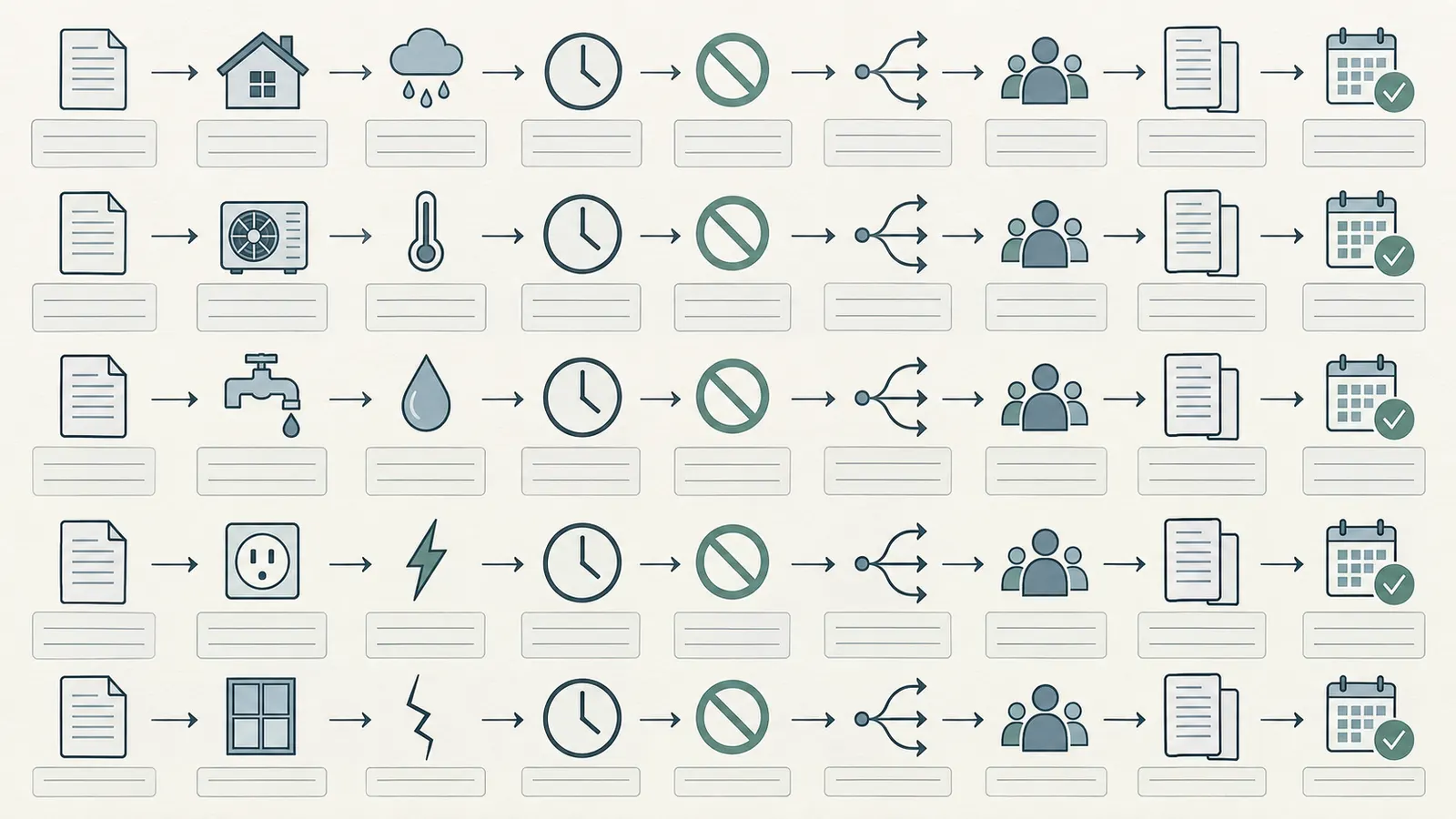 Structured worksheet diagram connecting coverage rows to triggers, proof, owners and claim routes