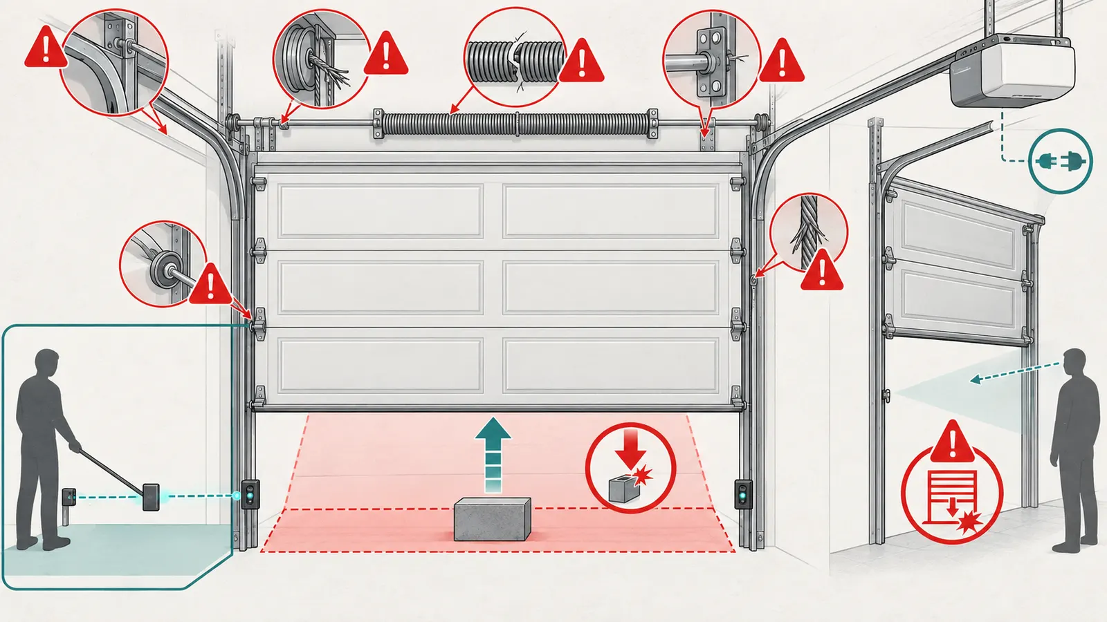 Annotated garage-door safety checks with photo-eye, obstruction test, balance observation, and stop conditions