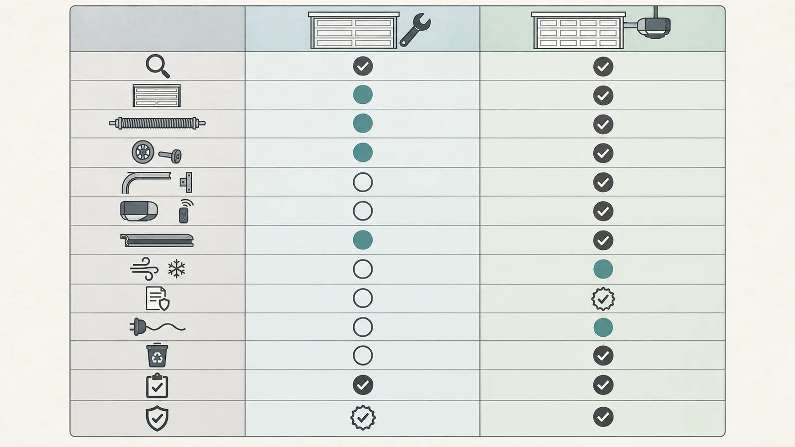 Side-by-side repair and replacement quote scopes with matching line items and verification questions