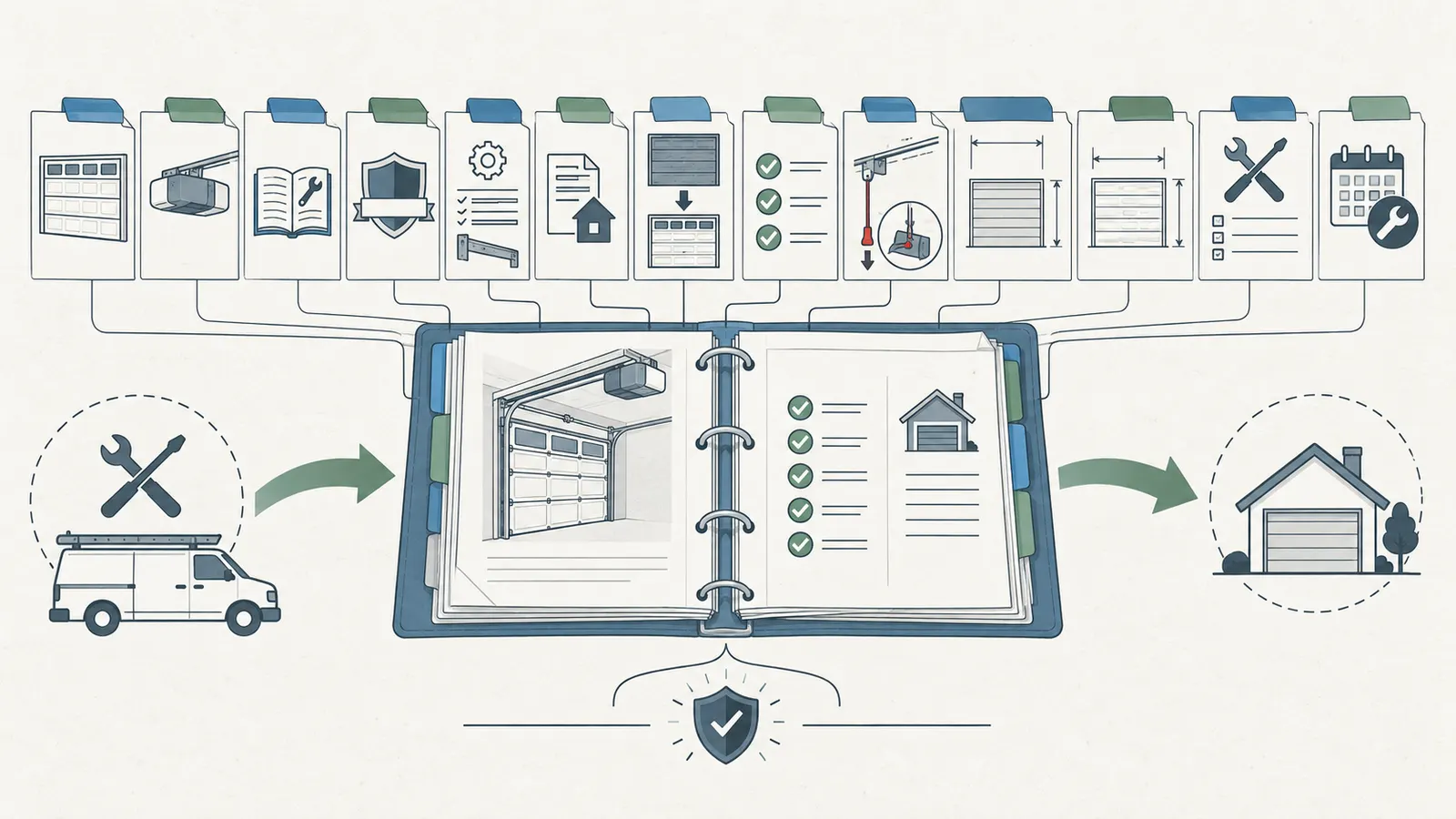 Garage-door winter handover record showing labels, manuals, tests, permit, warranty, and maintenance baseline