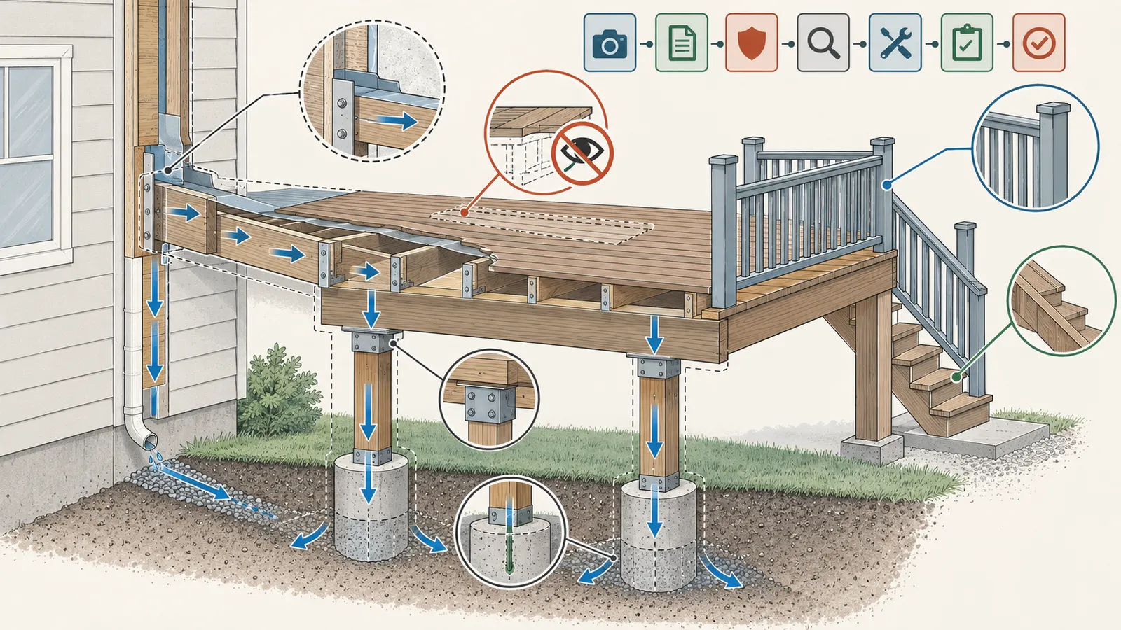 Conceptual deck support-path cutaway linking house attachment, framing, posts, footings, stairs, and records.