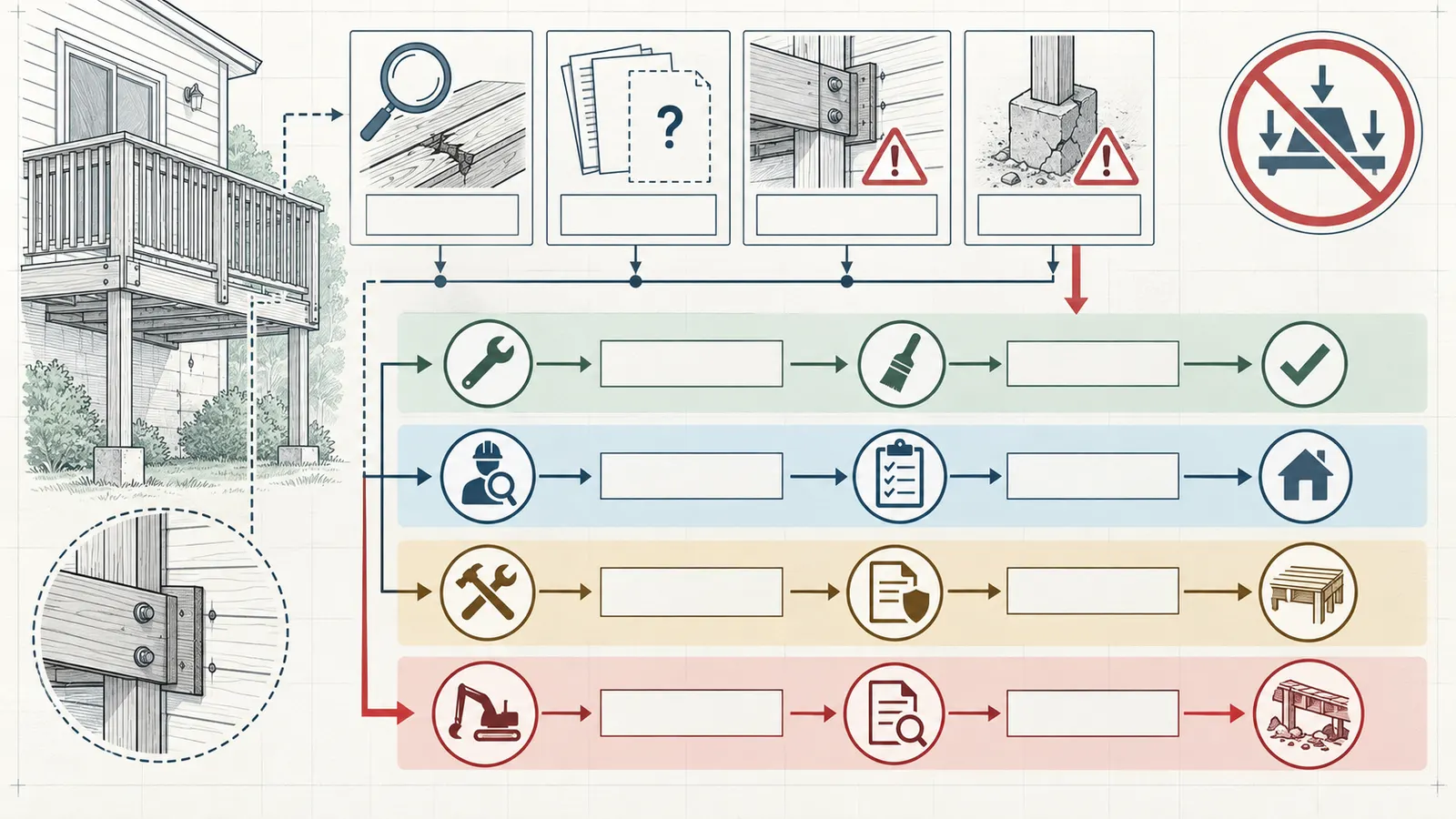 Decision map for normal use, restricted use, targeted repair, and replacement review of an elevated deck.