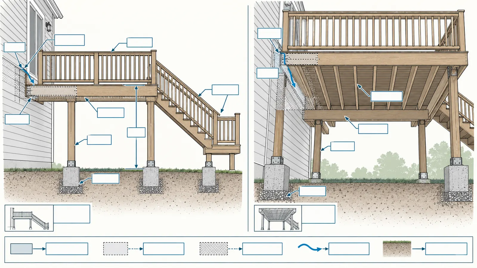 Ground-level observation map labeling deck attachment, posts, beams, stairs, guards, footings, and water paths.