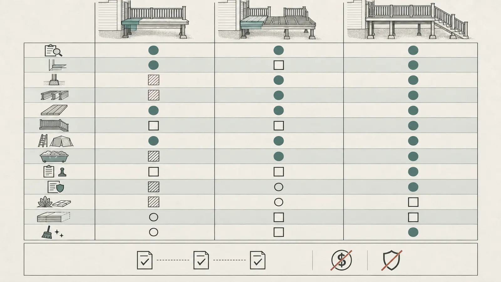 Comparable scope matrix contrasting targeted repair, partial rebuild, and full replacement for an elevated deck.