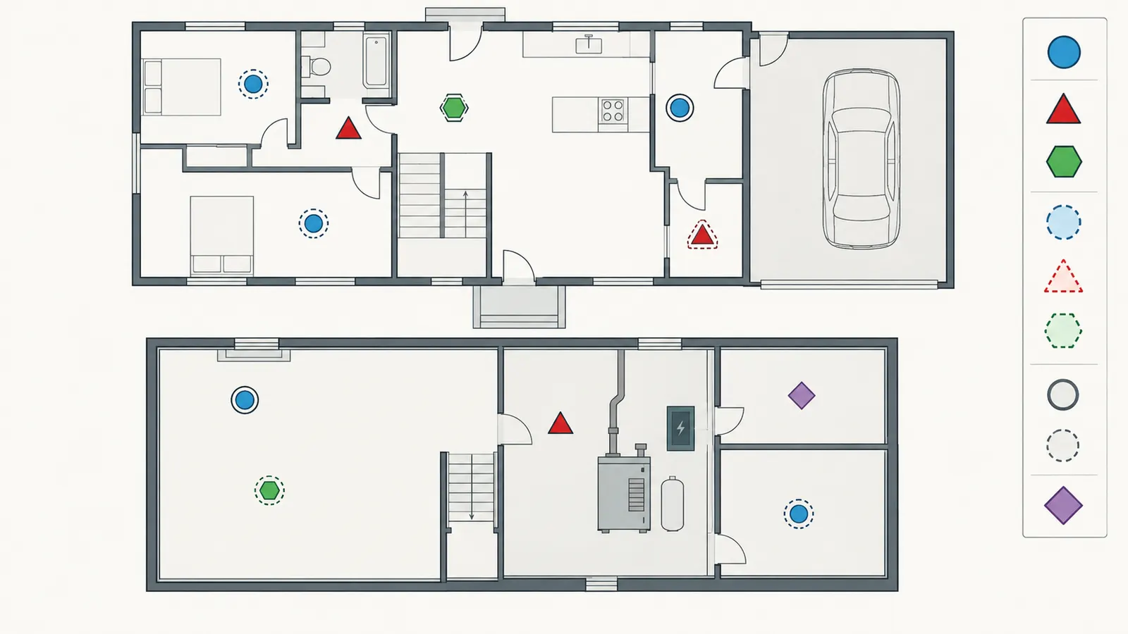 Annotated two-level home map with alarm IDs, functions, power types, sleeping rooms, fuel equipment, and garage