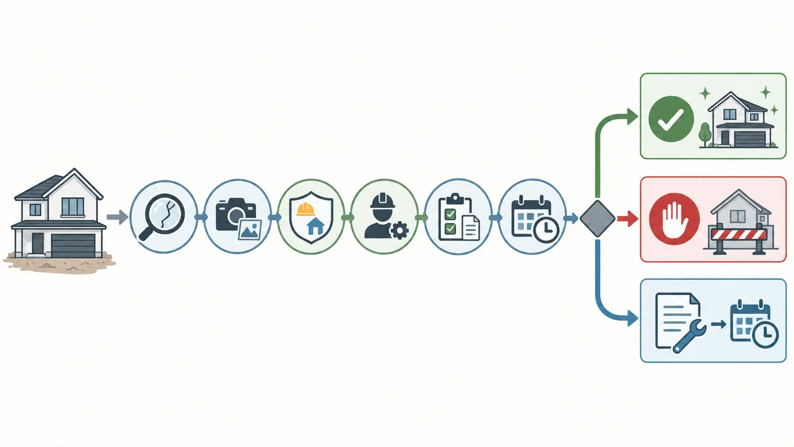 Decision map classifying a pre-closing defect as verified complete, hold handover, or controlled post-closing commitment