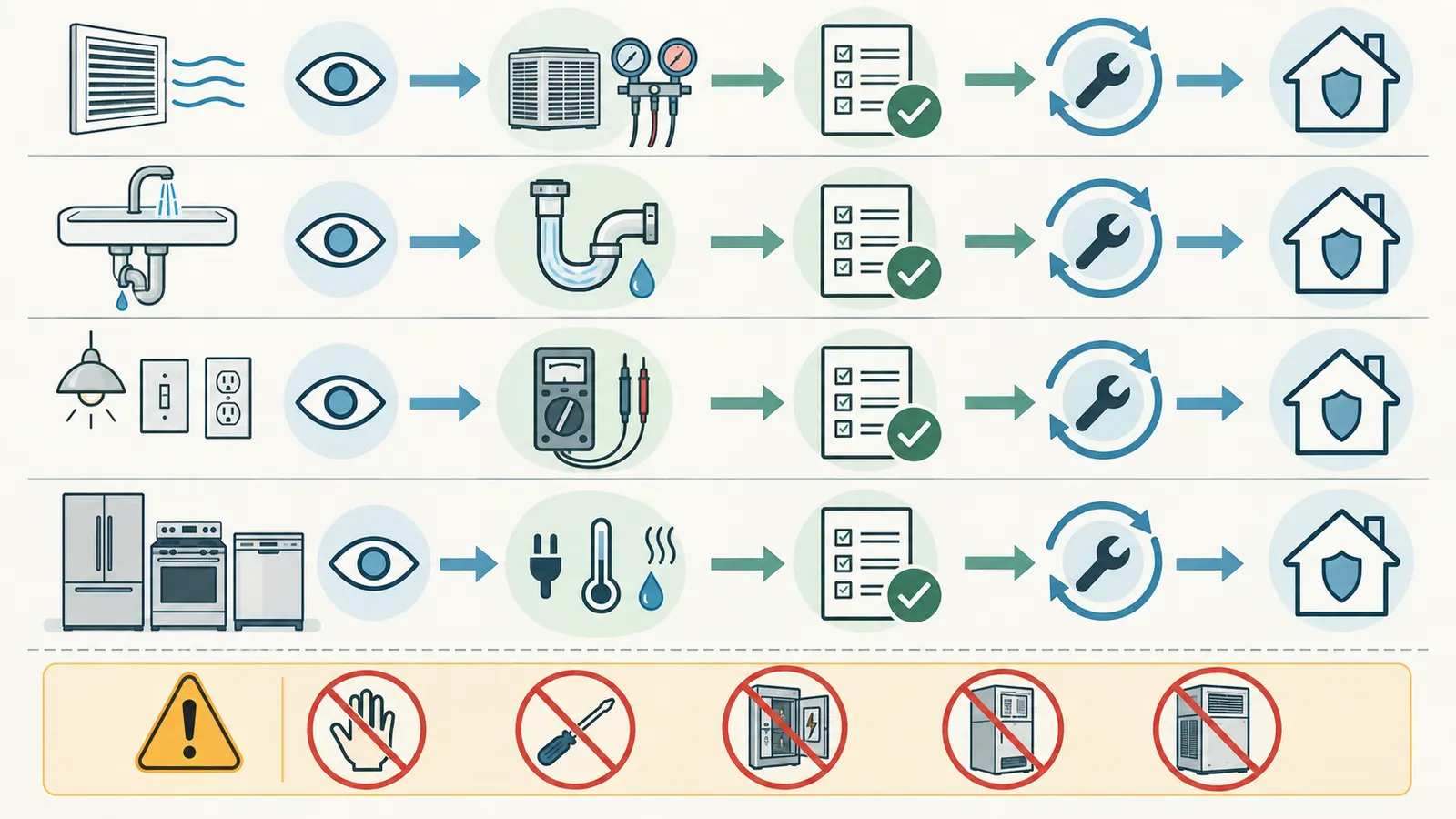 New-home system handoff diagram showing owner observation, qualified trade verification, records, and retest routes