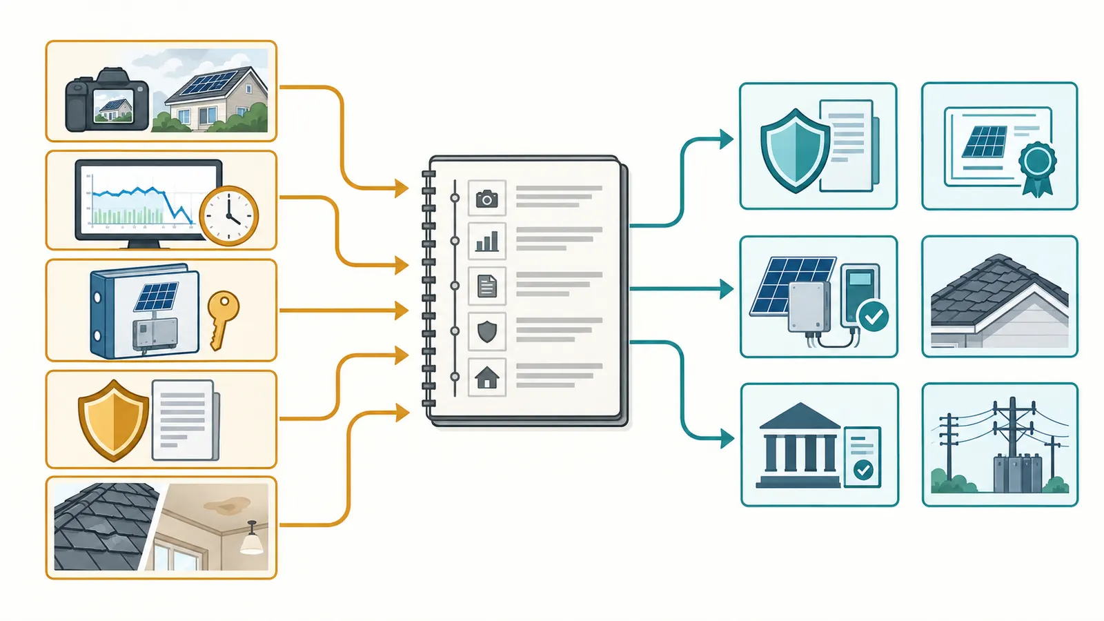 Evidence-packet diagram linking dated observations, monitoring records, ownership documents, claim notices, and inspection questions.