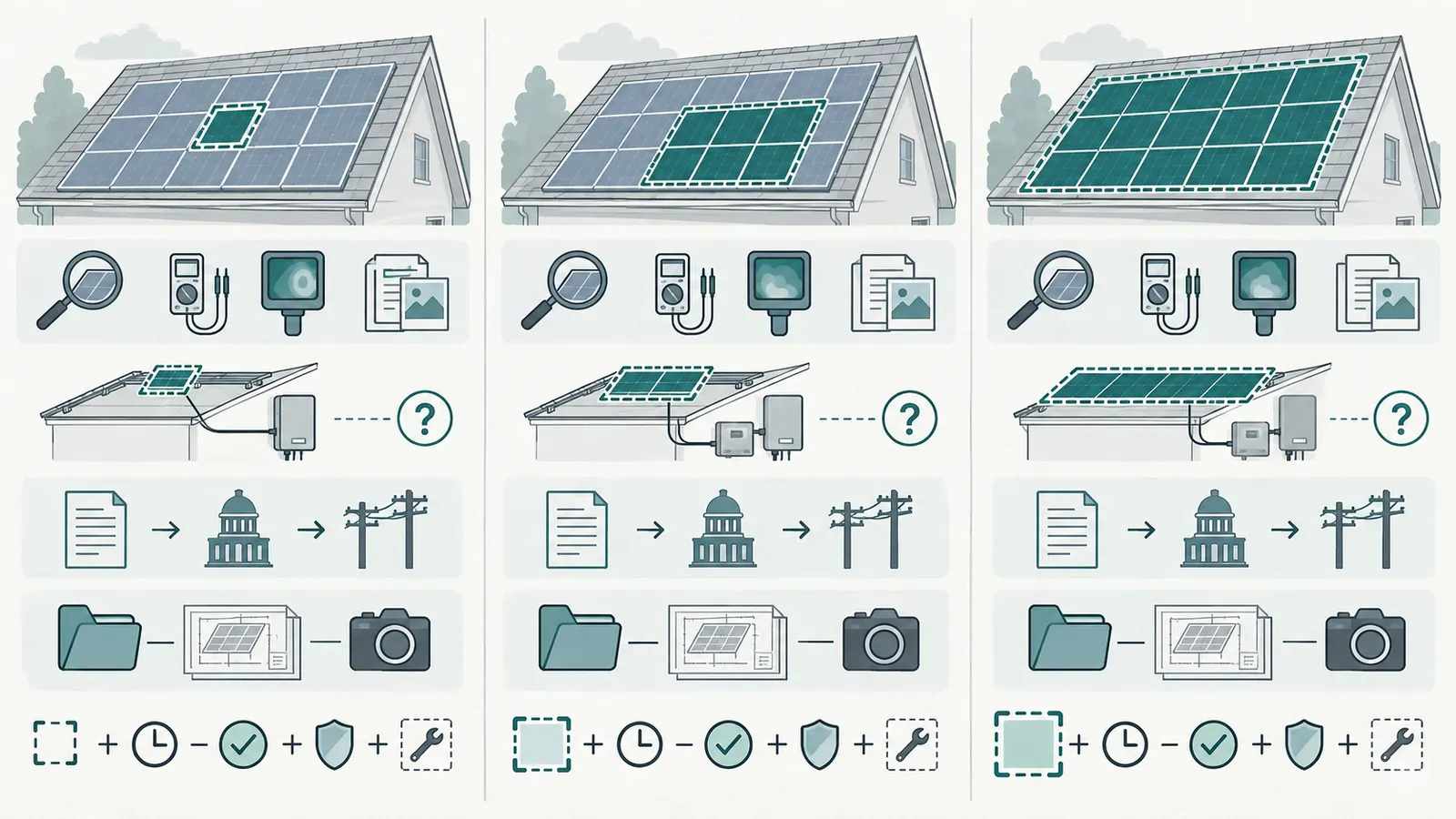 Side-by-side comparison of component repair, array-section repair, and larger replacement scope inputs and closeout requirements.