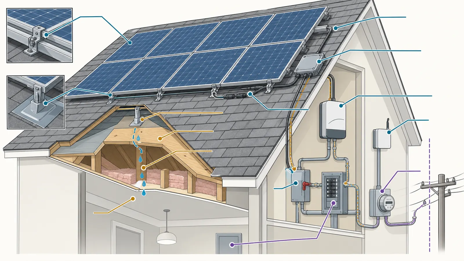 Annotated rooftop PV cutaway separating modules, racking, wiring, inverter, roof penetrations, monitoring, and utility interface.